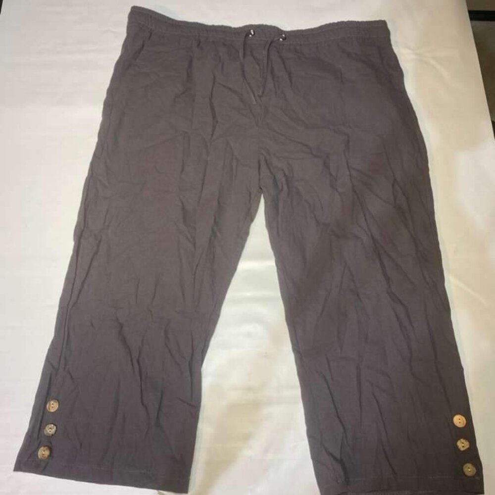 Womens Cotton Crop Pants 2XL Drawstring Elastic Waist Three Button Cuff Gray